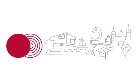 Strukturentwicklung in Stadt und Land Logo der Strukturentwicklung und schemenhafte Darstellung von Elementen, zum Beispiel ein Boot, Museum, Mikroskop, Glühbirne, Bad Muskau